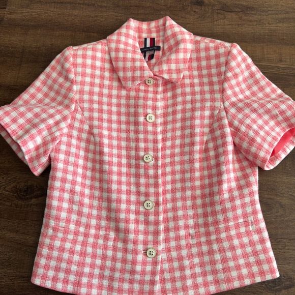 Tommy Hilfiger Pink Gingham Short Sleeve Tweed Button-Up Top – Size 4 - Picture 10 of 14